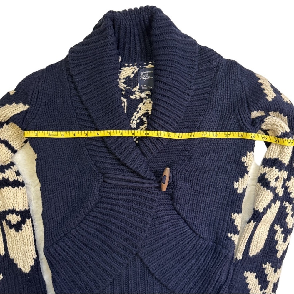 American Eagle Navy Blue and Cream Knit Sweater Size Medium Shawl Collar Vintage - Picture 5 of 11